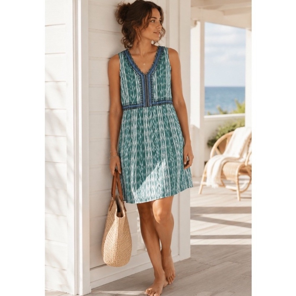 J. Jill Ikat Embroidered Cotton Shift Dress Green Sz SP Sleeveless V-Neck NWT